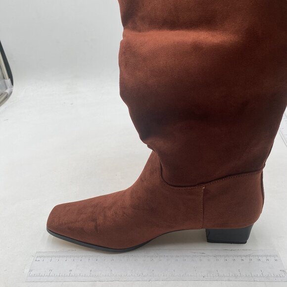 Women Square Toe Knee High Boots Wide Calf Low Chunky Heel Flat Long Boots Brown - Picture 1 of 7